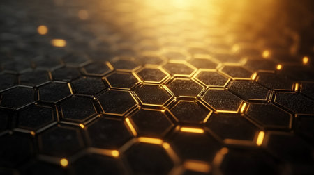 Close-up of a glowing hexagonal grid with golden highlights, creating a futuristic and geometric abstract texture in warm lighting.の素材