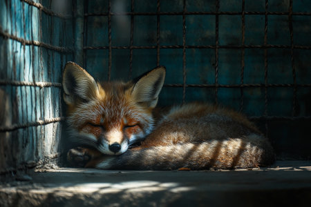 A red fox resting peacefully in a cage, with sunlight streaming through the bars, creating soft patterns on its fur.の素材