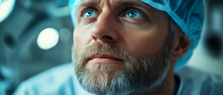 Close-up of a thoughtful surgeon wearing a blue cap, gazing upward in a brightly lit operating room with determination.の素材