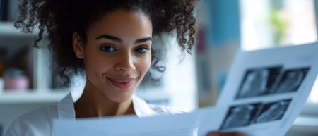 Young woman with a gentle smile holding and looking at ultrasound images, surrounded by soft lighting in a cozy indoor setting.の素材