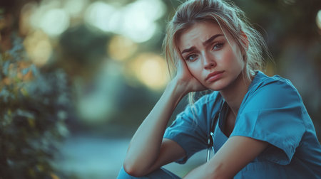 A young nurse in scrubs sits outdoors, looking tired and reflective after a challenging shift, surrounded by soft evening light.の素材