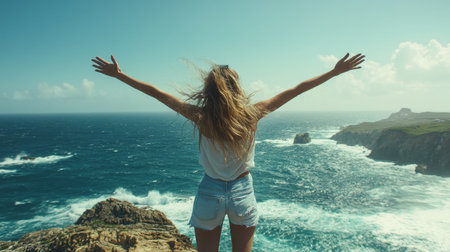 Back view of a woman with arms wide open, standing on a cliff overlooking the vast ocean, enjoying the fresh sea breeze.の素材