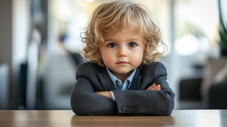 A young child with curly blonde hair and a serious expression, dressed in a gray blazer, sitting at a desk in a modern office setting.の素材