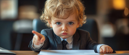 Serious toddler wearing a business suit, sitting at a desk, pointing forward with intense focus and determination.の素材