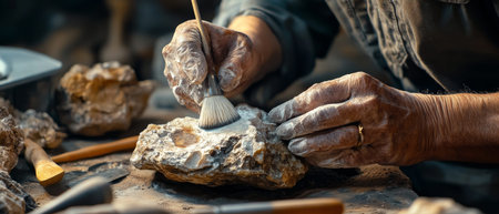Close-up of an archaeologist's hands carefully brushing dust off a fossilized bone fragment, showing detailed artifact preservation work.の素材