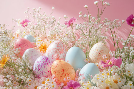 A collection of speckled and solid pastel Easter eggs surrounded by delicate spring flowers, set against a soft pink background.の素材
