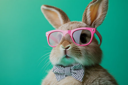 A stylish bunny wearing pink sunglasses and a striped bowtie, set against a vibrant green background, exuding a fun and playful vibe.の素材