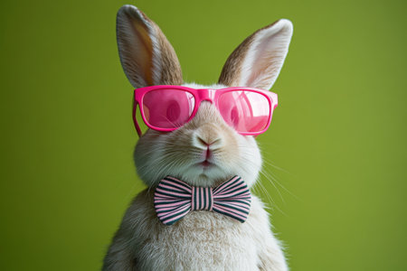 A cute bunny wearing pink sunglasses and a striped bowtie, exuding a fashionable and fun vibe against a vibrant green background.の素材