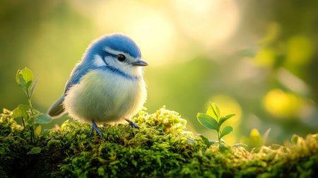 A close-up shot of a bluebird perched on moss-covered ground, with vibrant green leaves surrounding it, softly lit by sunlight.の素材