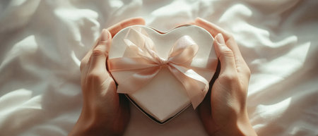 A soft, light pink heart-shaped gift box with a delicate ribbon is gently held in hands, resting on a silky white fabric, symbolizing love and care.の素材