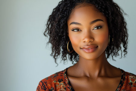 A close-up portrait of a confident woman with natural curly hair, wearing hoop earrings and a patterned top, against a soft background.の素材