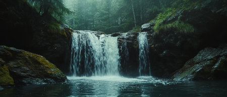 A tranquil scene of twin waterfalls flowing into a serene pool, surrounded by dense, misty forest and mossy rocks.の素材