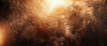 Close-up of a golden brushed metal surface with circular scratches and a bright light reflection, creating a luxurious metallic effect.の素材