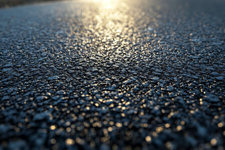 Close-up of a wet asphalt surface reflecting golden sunlight, creating a textured and glistening urban road background with depth and contrast.の素材