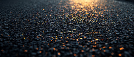 Macro shot of wet asphalt with glistening golden reflections from evening sunlight, creating a textured and moody urban atmosphere.の素材