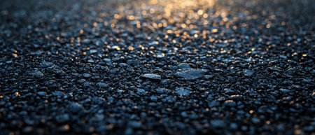 Close-up of wet asphalt illuminated by warm golden light, creating a textured surface with shimmering bokeh reflections in the background.の素材