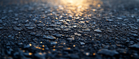 Macro shot of wet asphalt road illuminated by sunlight, showcasing the texture and reflecting light, creating a shimmering effect.の素材
