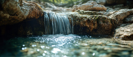 A close-up of a small waterfall cascading over moss-covered rocks into a crystal-clear pool, reflecting sunlight in a serene natural setting.の素材