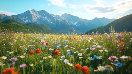 A lush alpine meadow filled with colorful wildflowers in full bloom, set against a backdrop of towering snow-capped mountains and a bright blue sky.の素材