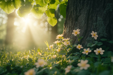 Delicate white wildflowers blooming at the base of a tree, bathed in warm, golden sunlight filtering through lush green leaves.の素材