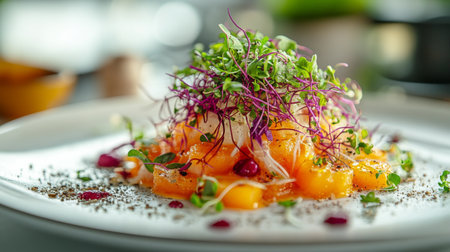 Close-up of a vibrant gourmet salad featuring diced mango, fresh microgreens, and delicate garnishes, beautifully plated with artistic flair.の素材