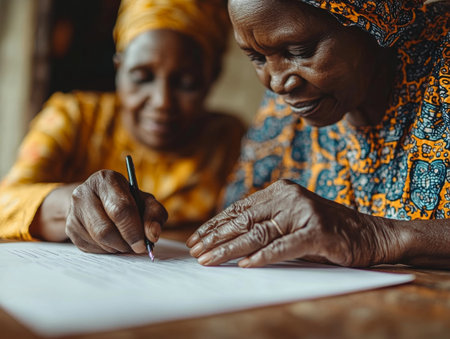 Close-up of an elderly woman signing a document with focused attention, assisted by another woman, both wearing colorful traditional clothing.の素材