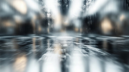 A surreal abstract scene of a futuristic metallic interior with reflective surfaces and vertical motion blur. The moody lighting creates a high-tech atmosphere.の素材