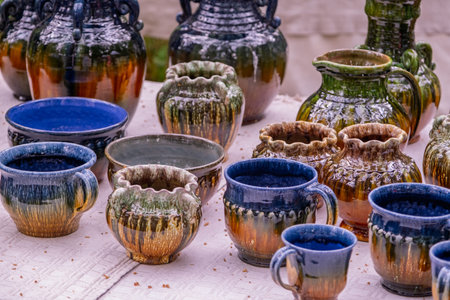 A beautiful collection of handmade clay pottery featuring deep blue and earthy brown glazes,...