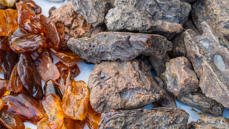 Raw amber pieces next to rough stones