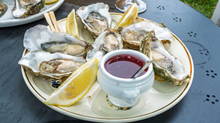 Fresh oysters served with lemon and sauce
