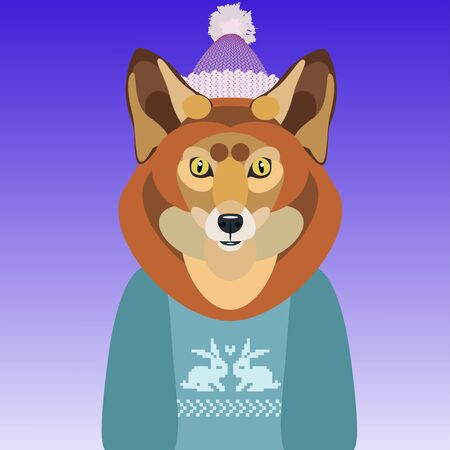 vector illustration of a cute Fox in a sweater and hat on backgroundのイラスト素材