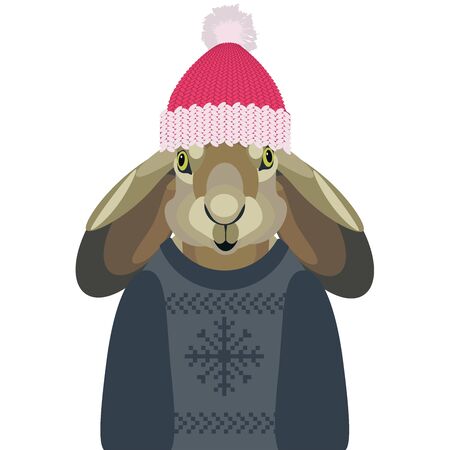 vector Christmas illustration of a cute boy hare in sweater and hat on white backgroundのイラスト素材