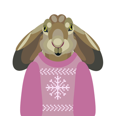 vector Christmas illustration of a cute girl hare in sweater on white backgroundのイラスト素材