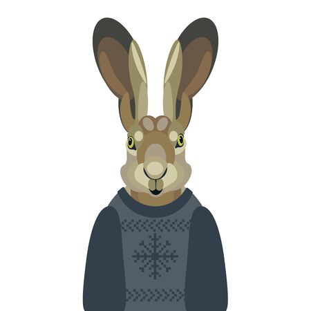 vector Christmas illustration of a cute boy hare in sweater on white backgroundのイラスト素材