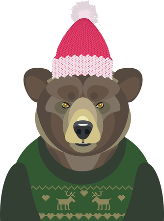 vector illustration of Christmas bear in sweater and hat on whiteのイラスト素材