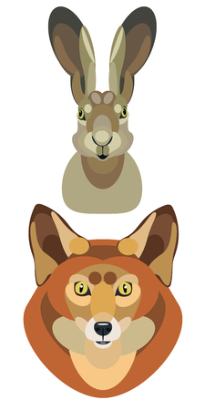 vector illustration of fox head and hare head on white backgroundのイラスト素材