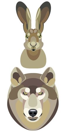 vector illustration of wolf head and hare head on white backgroundのイラスト素材