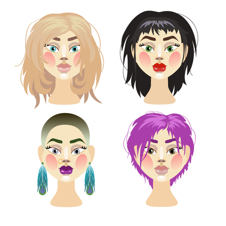 Vector illustration of girls in wigs on whiのイラスト素材
