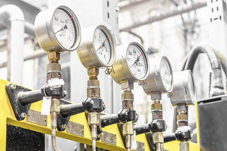 Five pressure gauges stand exactly in a row at the gas station.