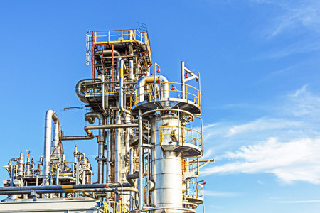 View of the absorption distillation column of gas liquefaction in summer.