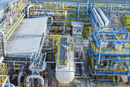 Top view of a part of the gas processing plant on a summer day.
