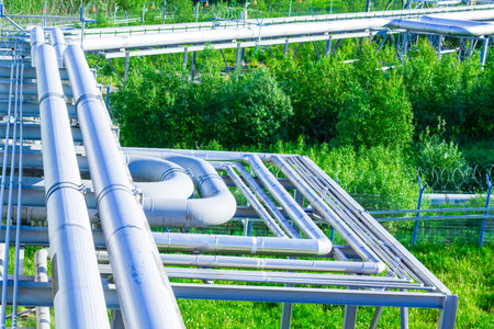 A bundle of pipelines of a gas processing plant against a background of green forest and grass.