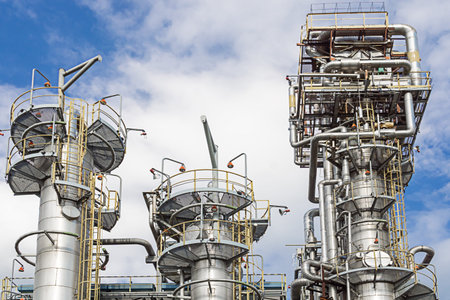 The technological columns of the gas processing plant stand against the background of blue sky and...