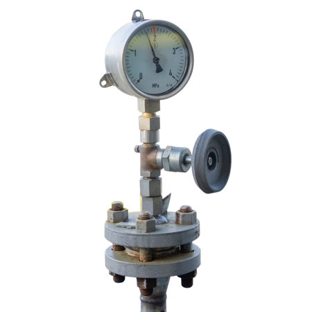 Isolate of the technological assembly of the pressure gauge on a white background.