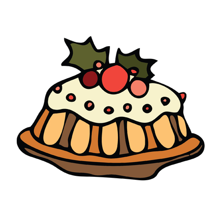 Isolated Vector image of birthday cake with branch of mistletoe hand drawn doodleのイラスト素材