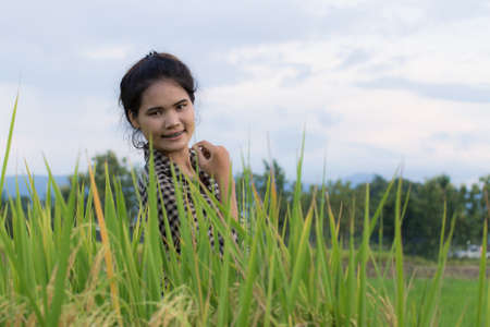 Woman farmer in Green Cornfieldの写真素材