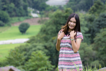Thai Woman Enjoy in Doi inthanon, Maeglangluang Karen villagesの写真素材