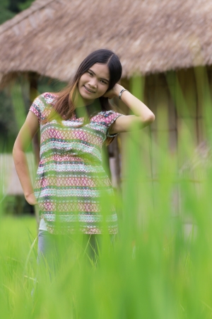Thai Woman Enjoy in Field Doi inthanon, Maeglangluang Karen villagesの写真素材