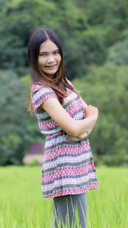 Thai Woman Enjoy in Field Doi inthanon, Maeglangluang Karen villagesの写真素材