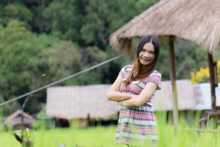 Thai Woman Enjoy in Field Doi inthanon, Maeglangluang Karen villagesの写真素材